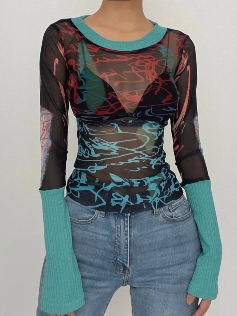 Y2K Vintage Sheer Slim Top Long Sleeve Round Neck Pattern Print Mesh Patchwork S - Picture 13 of 17